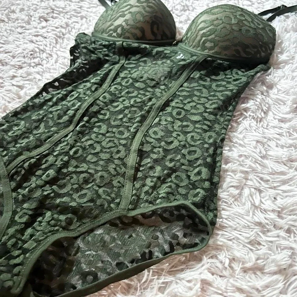 Rich Earthy Sheer Leopard Animal Print Y2K‎ Chic Bodysuit Lingerie Womens M Sexy